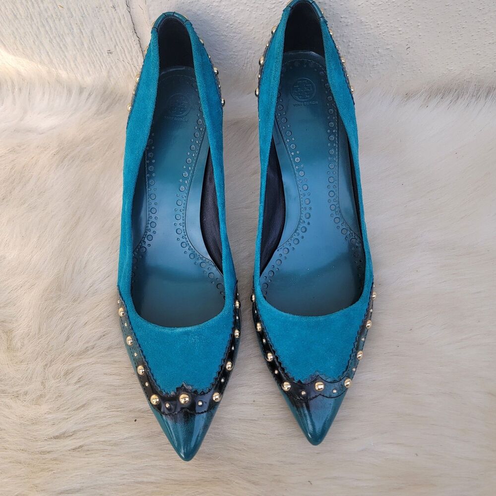 Tory Burch Noelle studded indigo suede kitten heel pumps Sz 9 - Picture 2 of 8